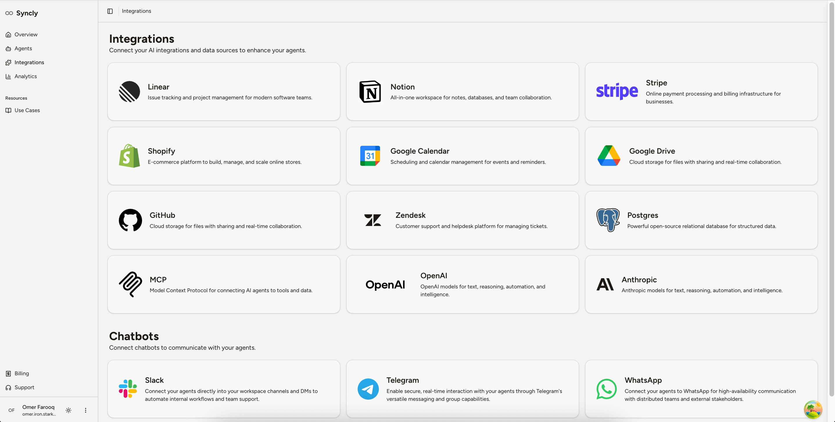 Syncly dashboard showing agents, integrations, workflow activity, and analytics