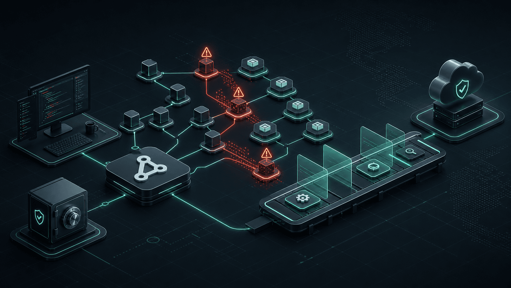 Technical diagram of Git repositories, npm dependencies, CI pipelines, credentials, and security checkpoints